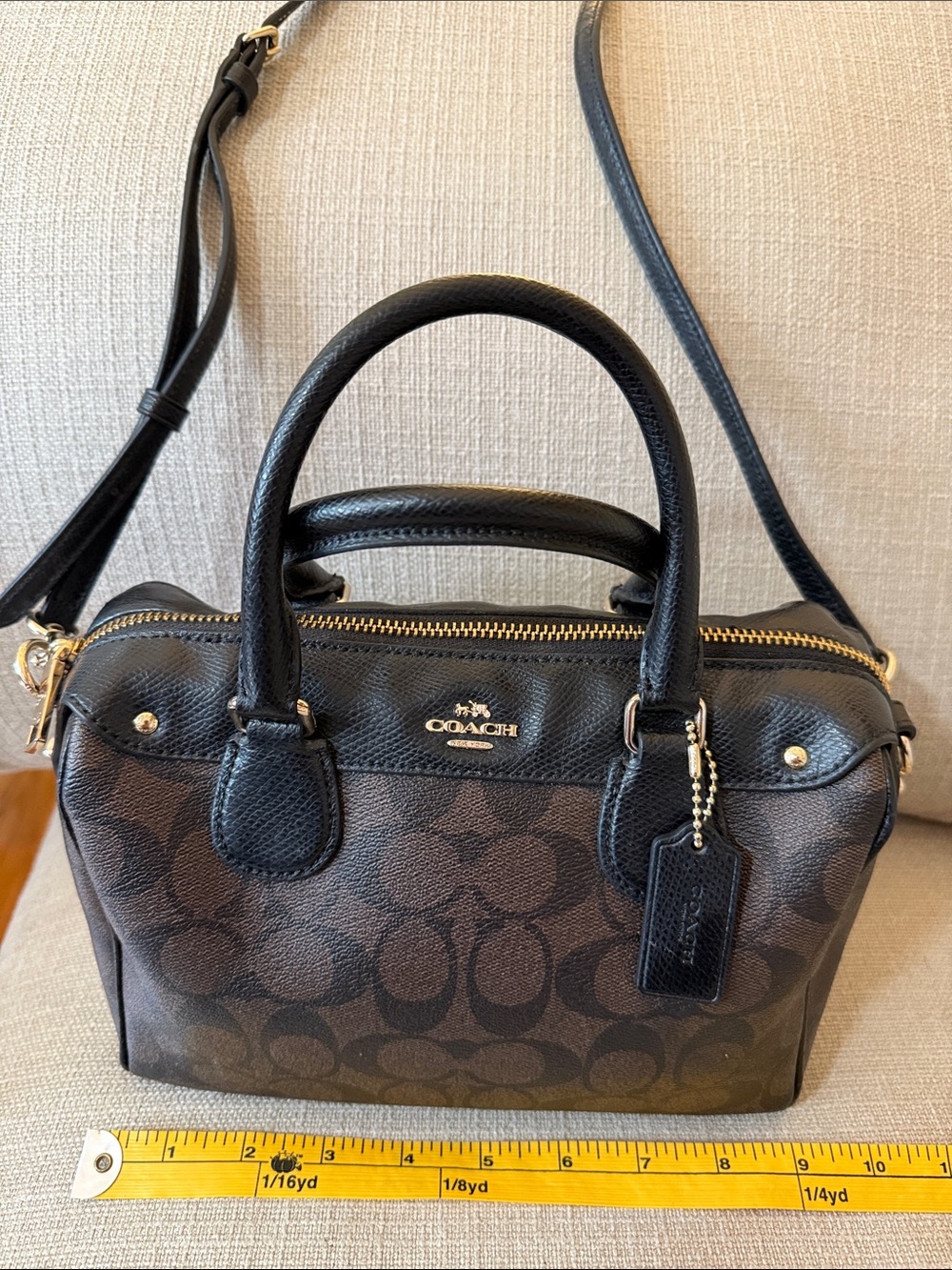 Coach Mini Rowan Brown/Black Signature Canvas Satchel with Gold Hardware